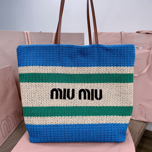 TOTE BAG 40 IN STRIPED PATTERN OF BLUE GREEN AND CREAM WHITE WOVEN RAFFIA