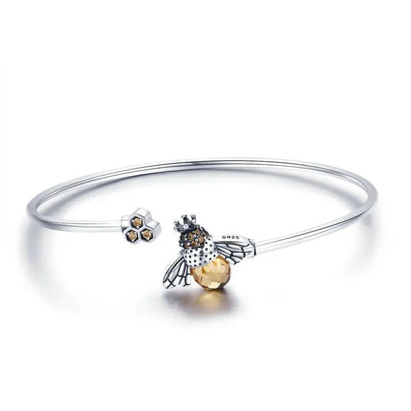 ˇFashion StreetˇCrystal Yellow Bee Bangle Silver Cute Insect Bracelets for Women